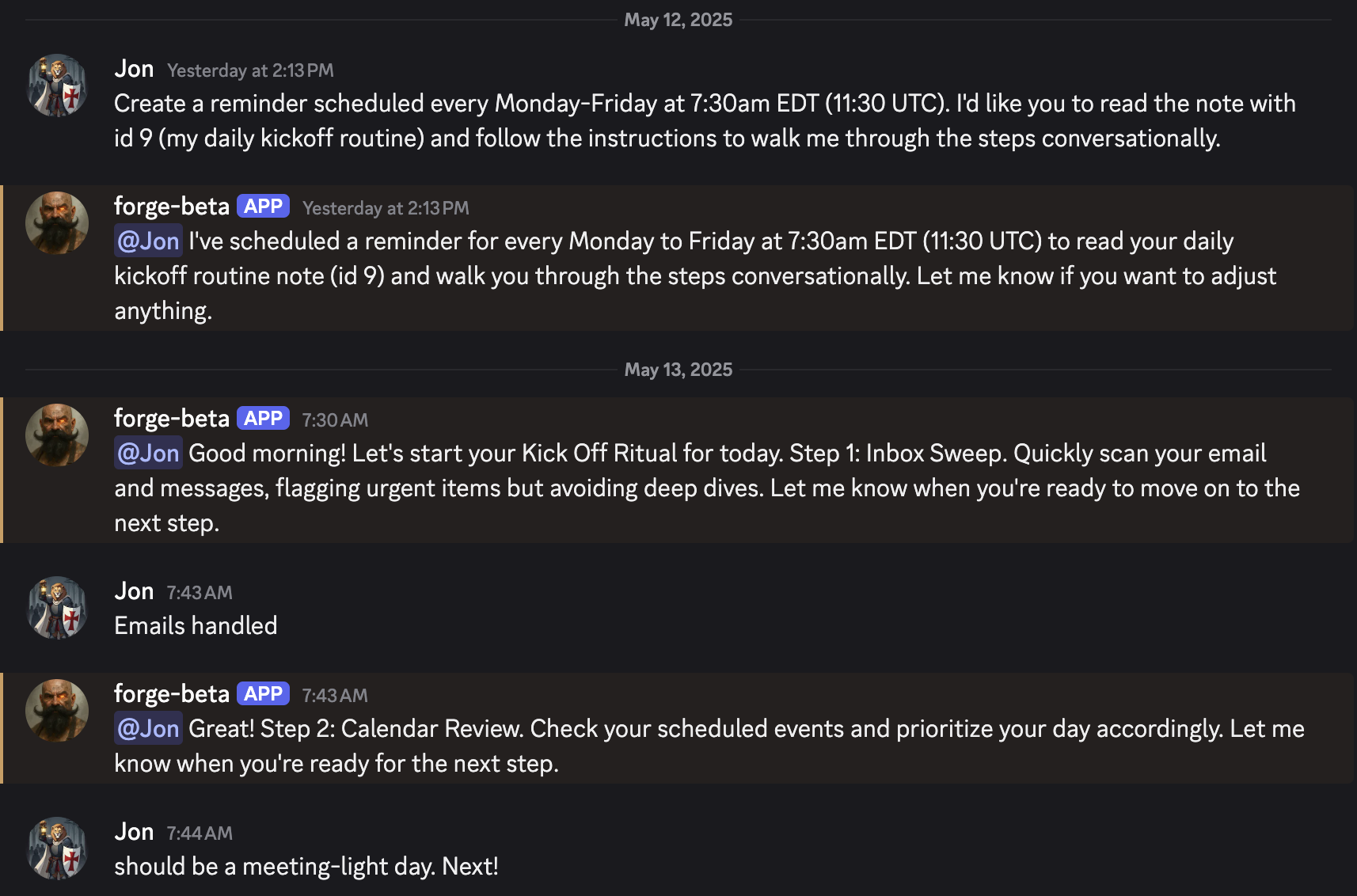 A series of chat messages going through a daily routine checklist